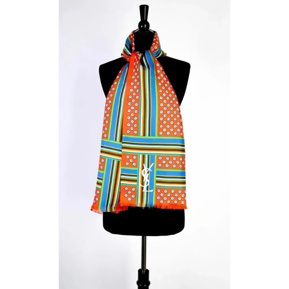 Vintage Yves Saint Laurent Rétro Bright Multicolor Floral Striped Silk Scarf